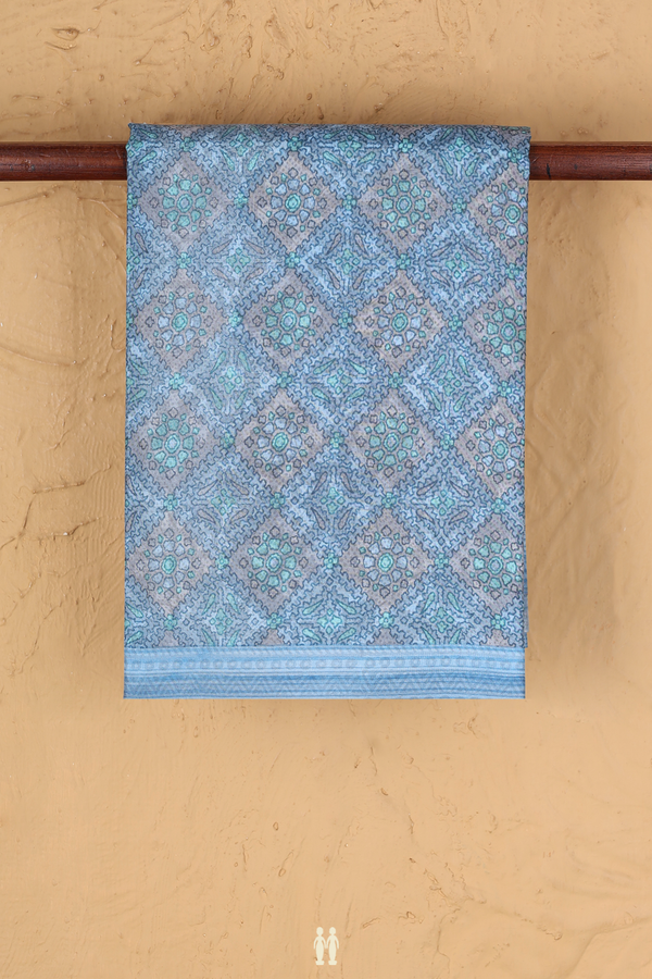 Printed Silk Saree In Pastel Blue With Diamond Design