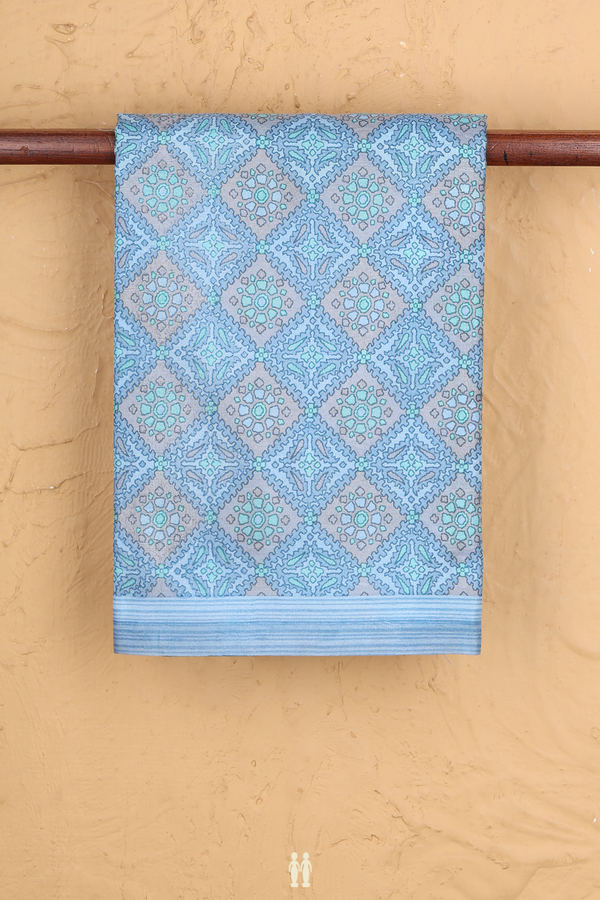 Printed Silk Saree In Pastel Blue With Diamond Design