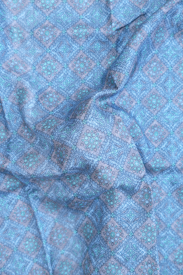 Printed Silk Saree In Pastel Blue With Diamond Design