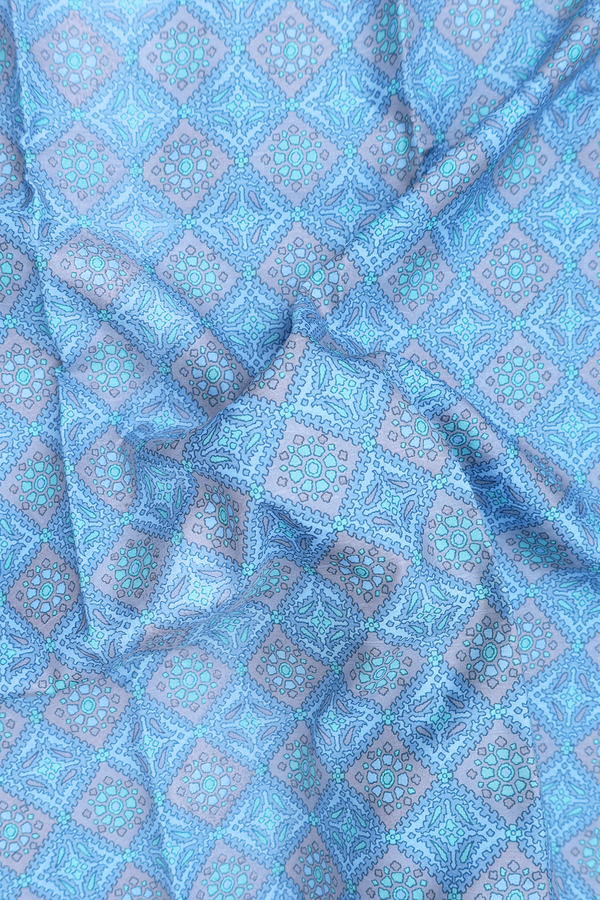 Printed Silk Saree In Pastel Blue With Diamond Design