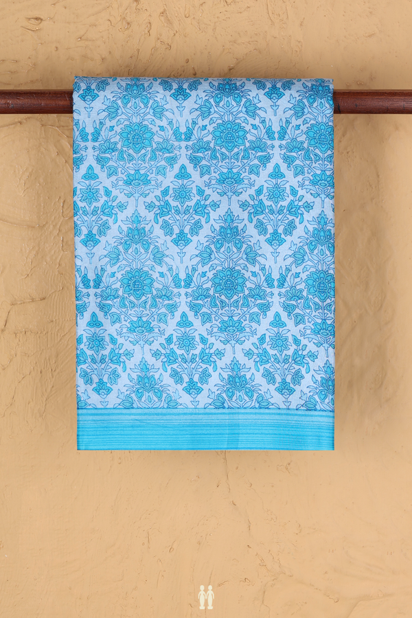 Printed Silk Saree In Pastel Blue With Floral Design