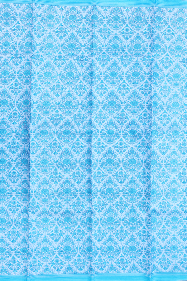 Printed Silk Saree In Pastel Blue With Floral Design