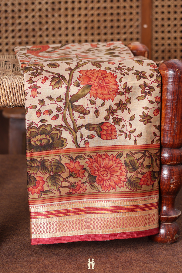 Printed Silk Saree In Pastel Brown With Floral Design