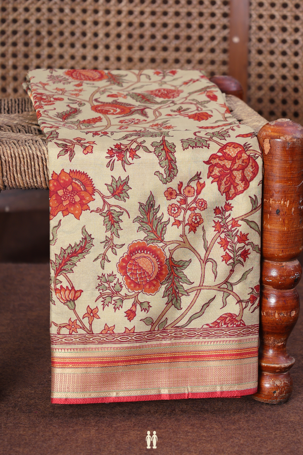 Printed Silk Saree In Pastel Brown With Floral Design