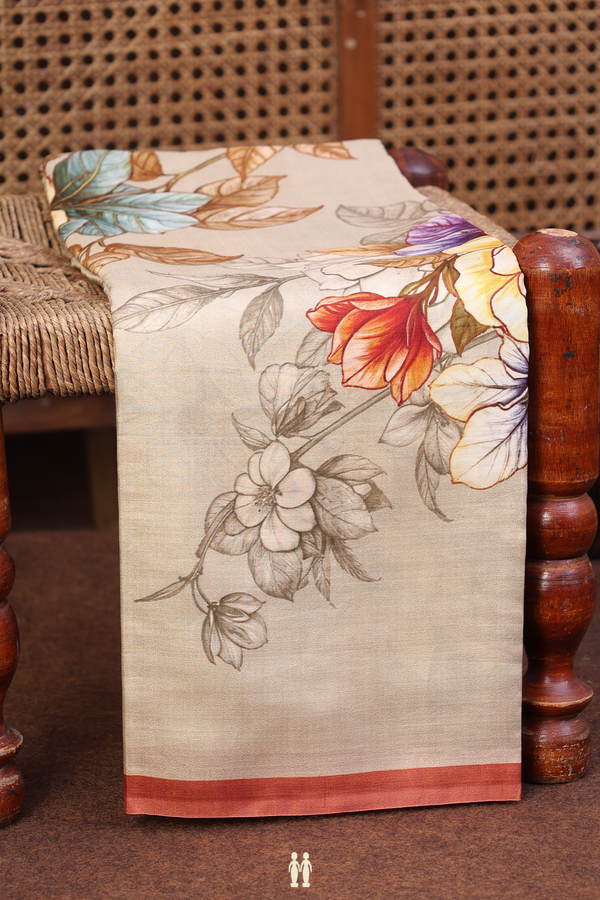 Printed Silk Saree In Pastel Brown With Floral Design