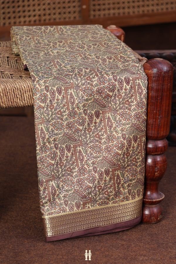 Printed Silk Saree In Pastel Brown With Floral Design