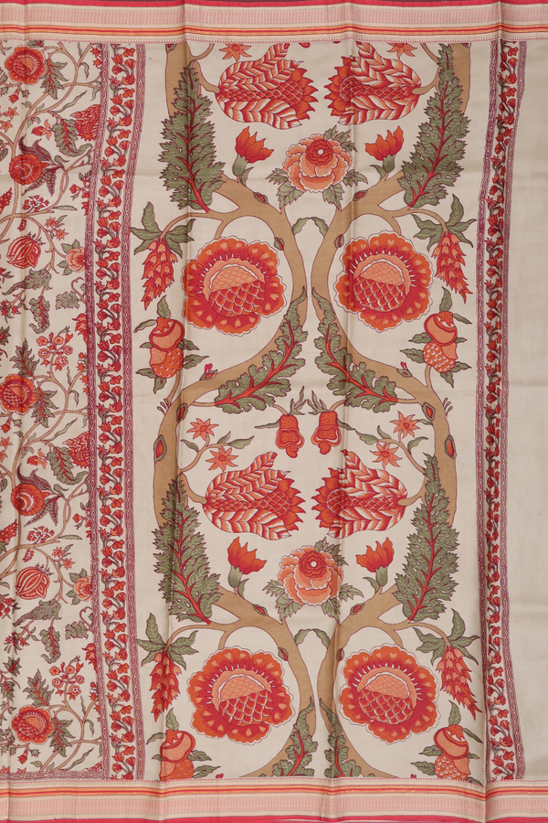 Printed Silk Saree In Pastel Brown With Floral Design