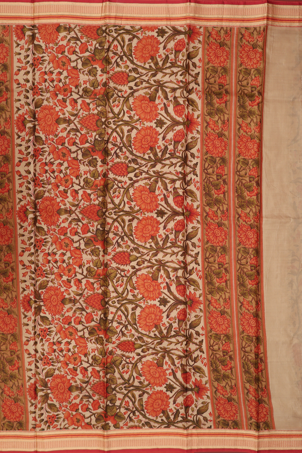 Printed Silk Saree In Pastel Brown With Floral Design