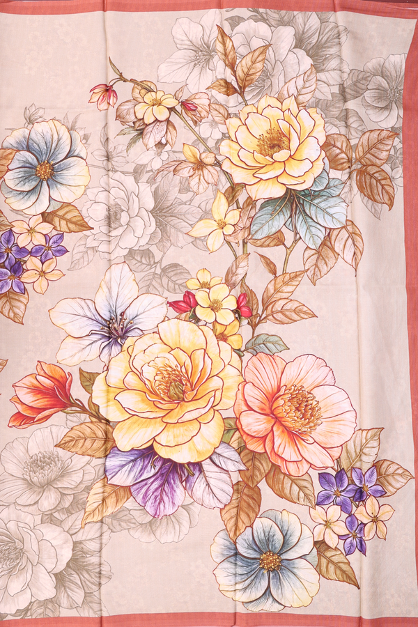 Printed Silk Saree In Pastel Brown With Floral Design