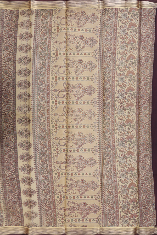 Printed Silk Saree In Pastel Brown With Floral Design