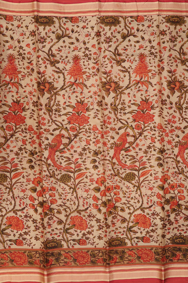 Printed Silk Saree In Pastel Brown With Floral Design