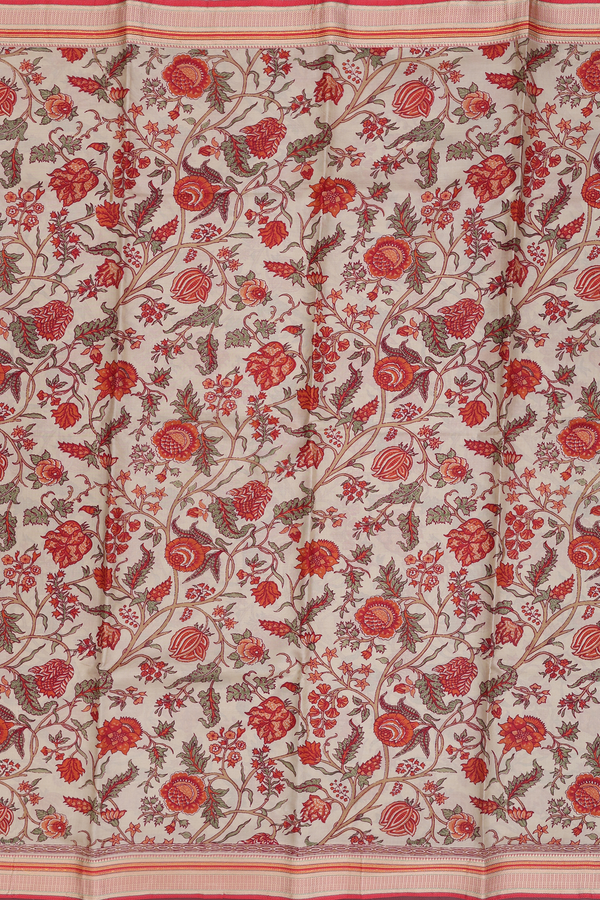 Printed Silk Saree In Pastel Brown With Floral Design