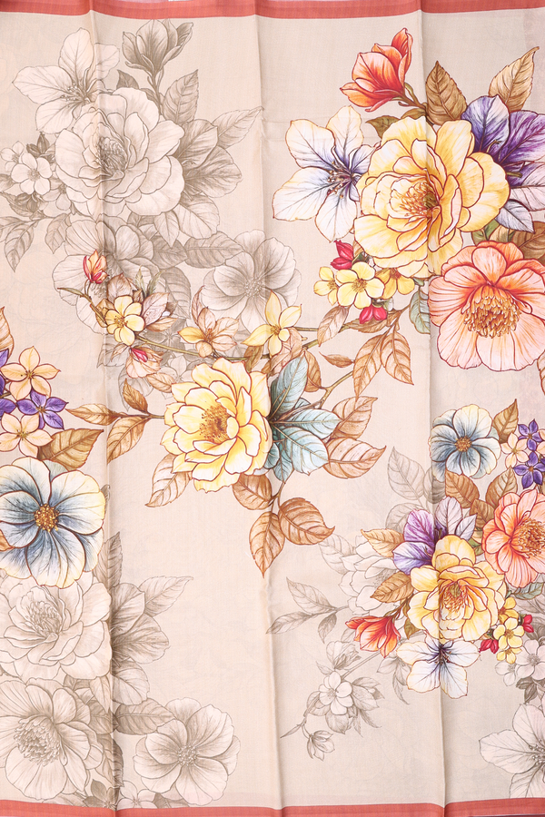 Printed Silk Saree In Pastel Brown With Floral Design