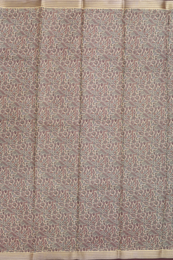 Printed Silk Saree In Pastel Brown With Floral Design