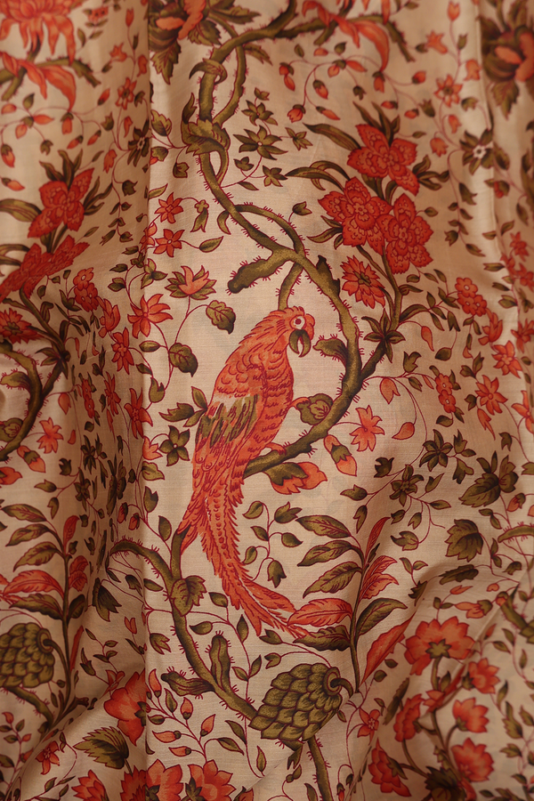 Printed Silk Saree In Pastel Brown With Floral Design