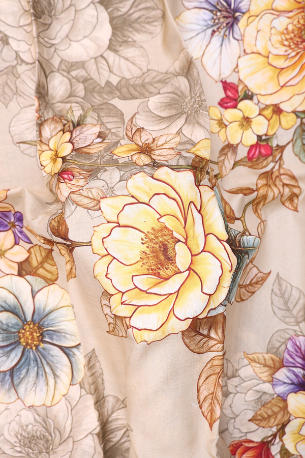 Printed Silk Saree In Pastel Brown With Floral Design