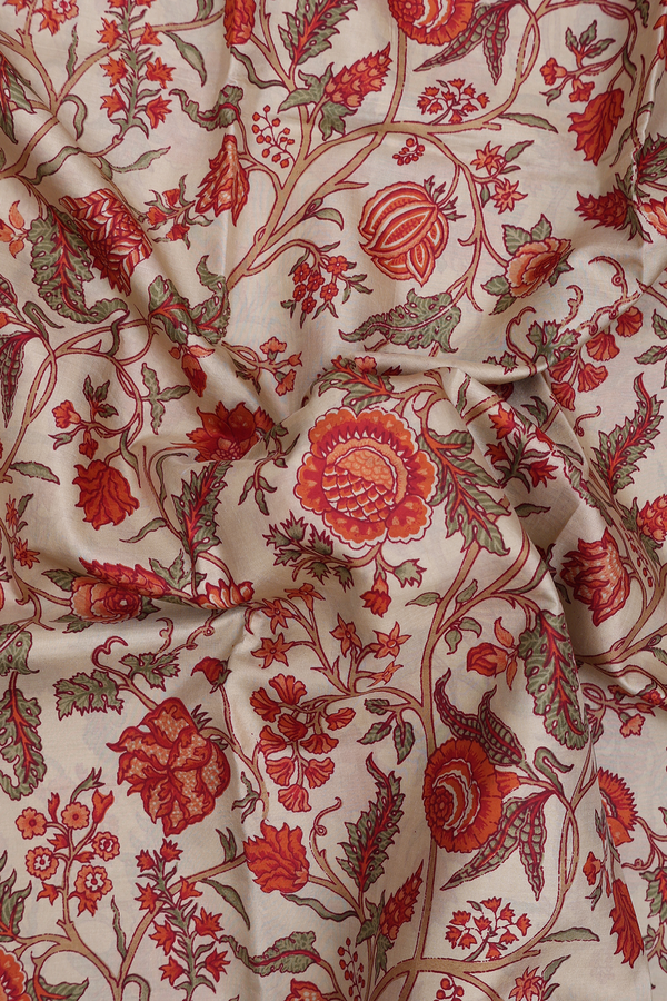 Printed Silk Saree In Pastel Brown With Floral Design