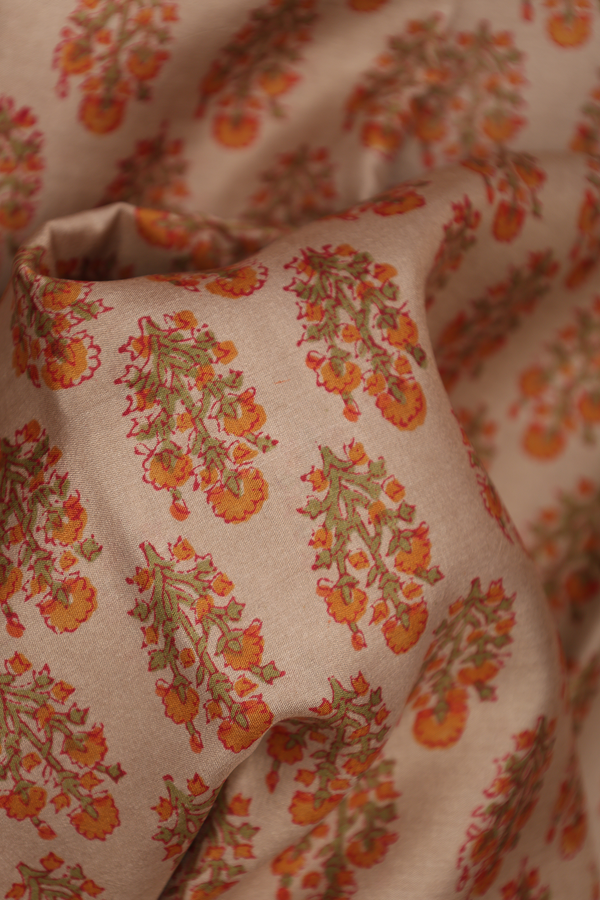 Printed Silk Saree In Pastel Khaki With Floral Design
