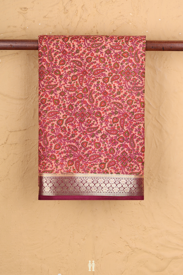Printed Silk Saree In Peach With Allover Design