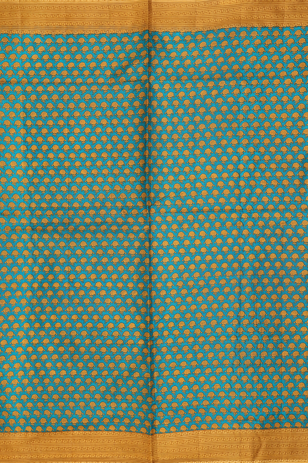 Printed Silk Saree In Peacock Green With Floral Buttas