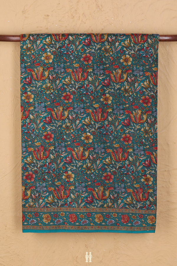 Printed Silk Saree In Peacock Green With Floral Design