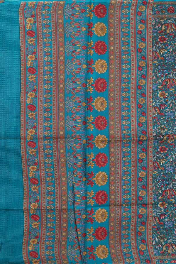 Printed Silk Saree In Peacock Green With Floral Design