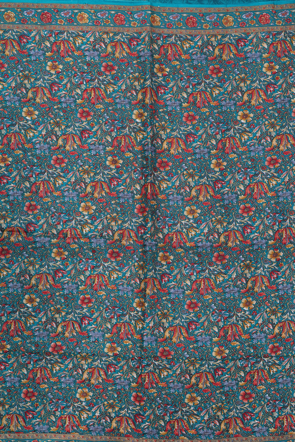 Printed Silk Saree In Peacock Green With Floral Design