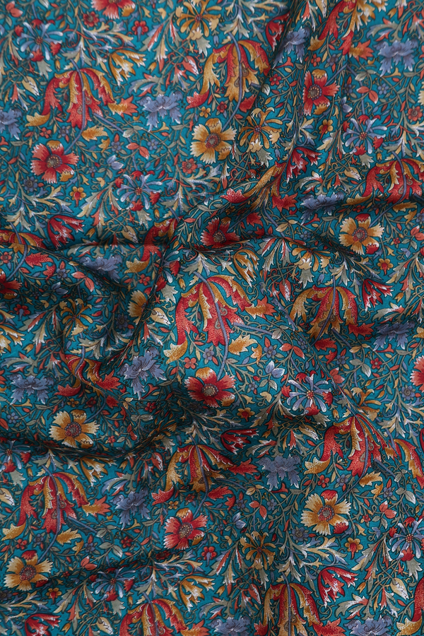 Printed Silk Saree In Peacock Green With Floral Design