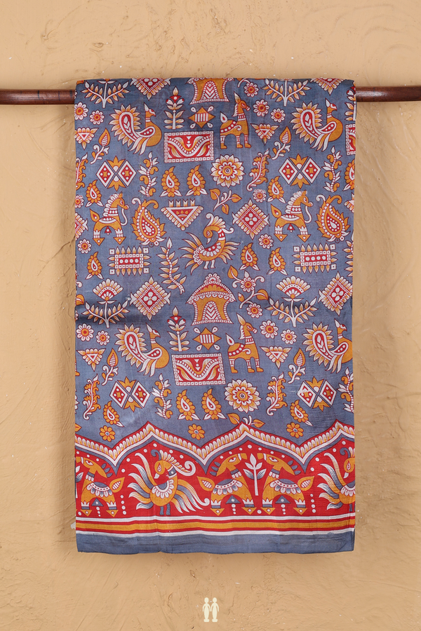 Printed Silk Saree In Pigeon Blue With Allover Design