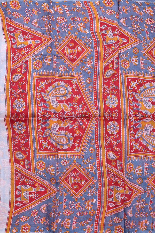 Printed Silk Saree In Pigeon Blue With Allover Design