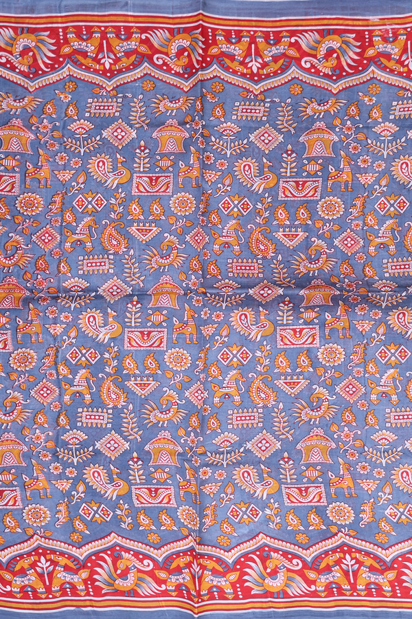 Printed Silk Saree In Pigeon Blue With Allover Design