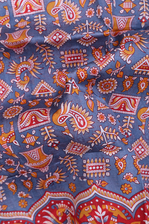 Printed Silk Saree In Pigeon Blue With Allover Design
