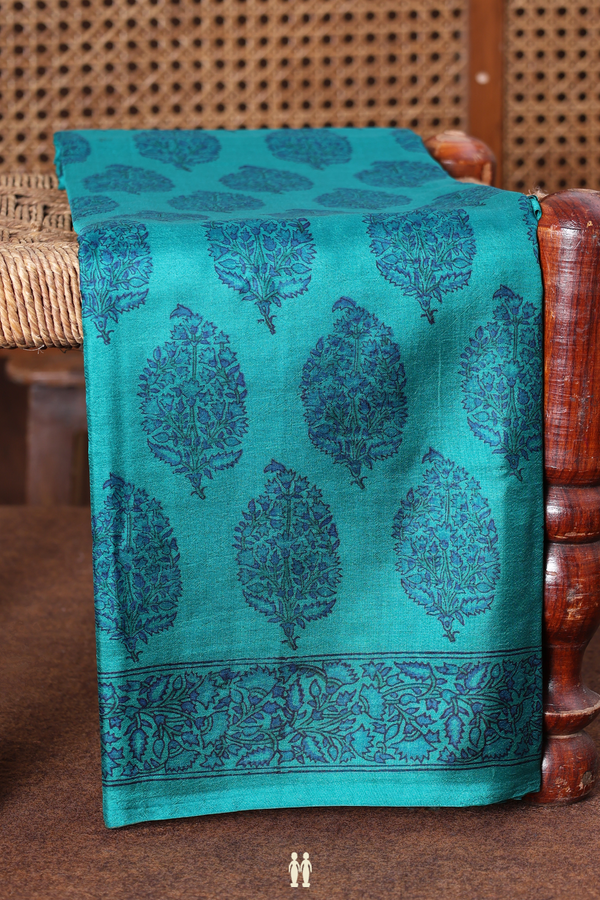 Printed Silk Saree In Teal Blue With Tree Motifs