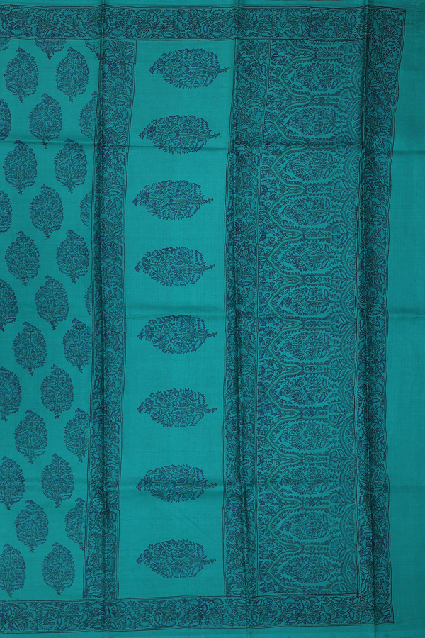 Printed Silk Saree In Teal Blue With Tree Motifs