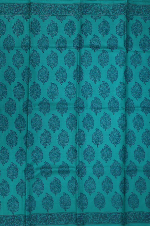 Printed Silk Saree In Teal Blue With Tree Motifs
