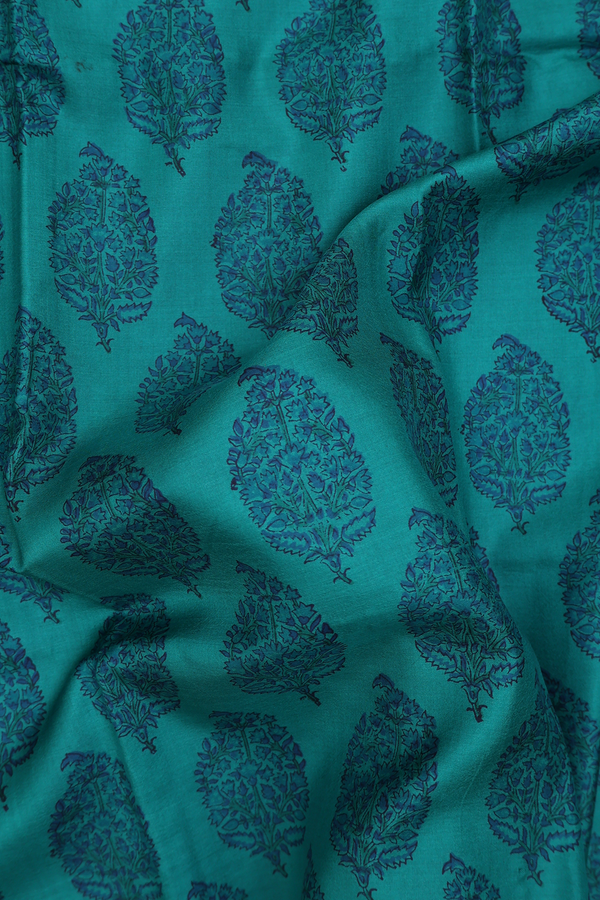 Printed Silk Saree In Teal Blue With Tree Motifs
