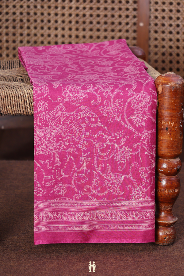 Printed Silk Saree In Pink With Elephant And Floral Design