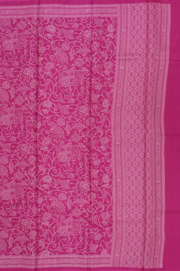 Printed Silk Saree In Pink With Elephant And Floral Design