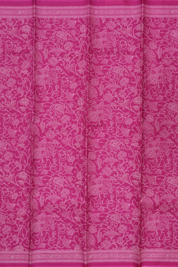 Printed Silk Saree In Pink With Elephant And Floral Design