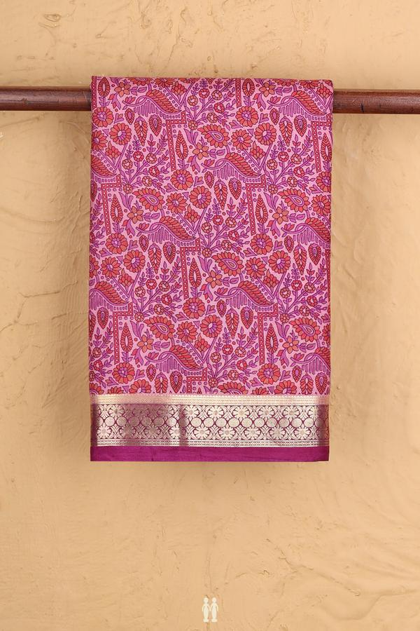 Printed Silk Saree In Pink With Floral Design