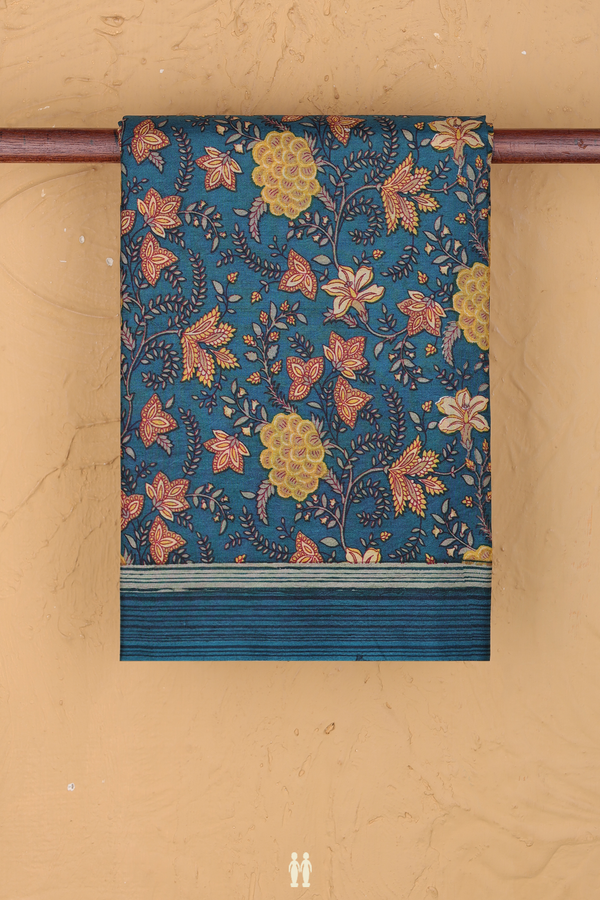 Printed Silk Saree In Prussian Blue With Floral Design