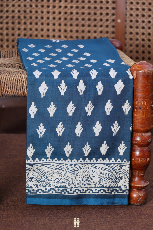 Printed Silk Saree In Prussian Blue With Floral Design