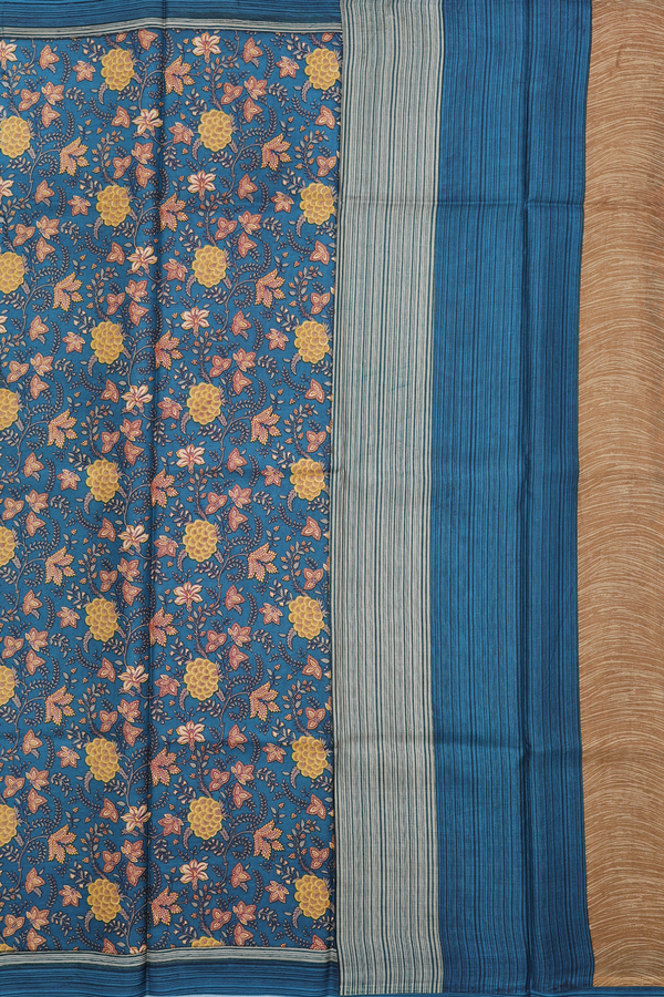 Printed Silk Saree In Prussian Blue With Floral Design