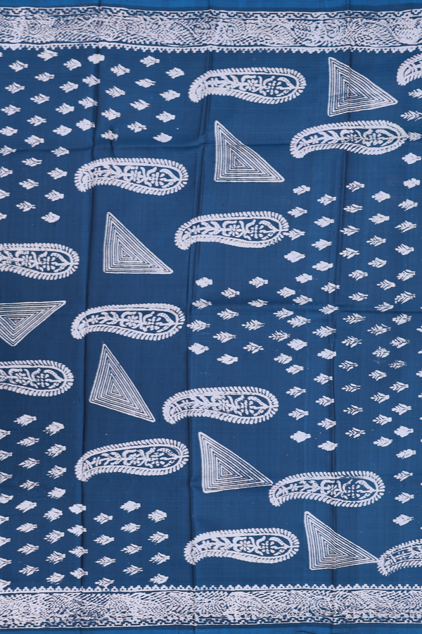 Printed Silk Saree In Prussian Blue With Floral Design