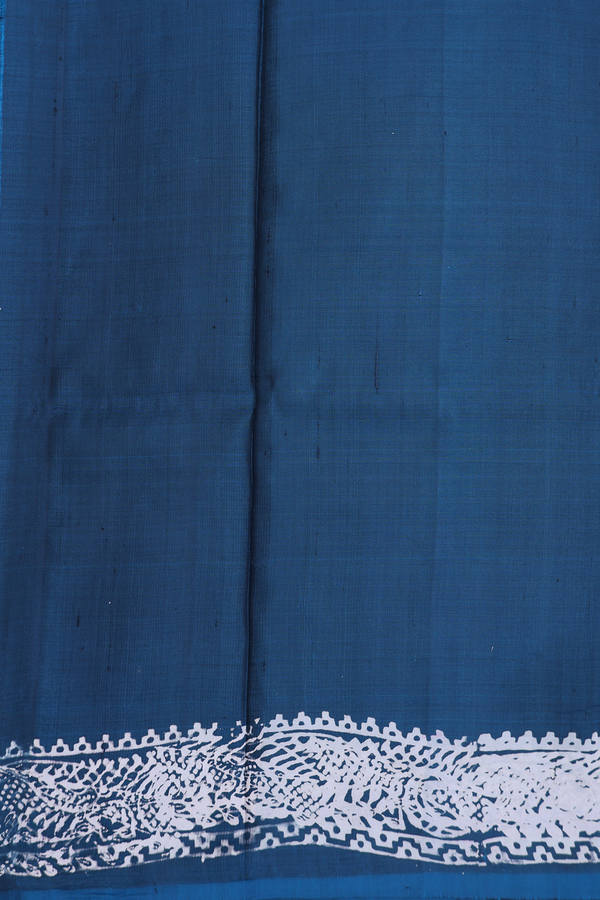 Printed Silk Saree In Prussian Blue With Floral Design