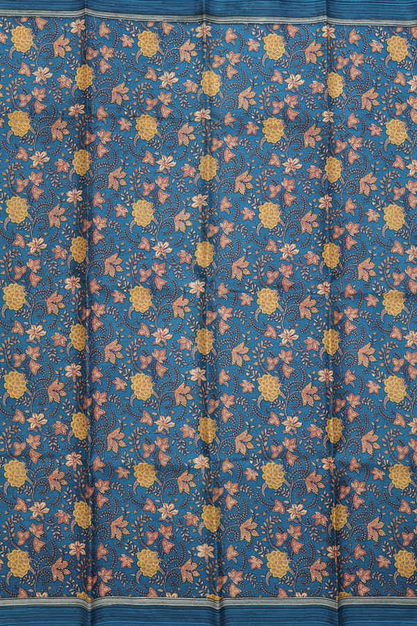 Printed Silk Saree In Prussian Blue With Floral Design