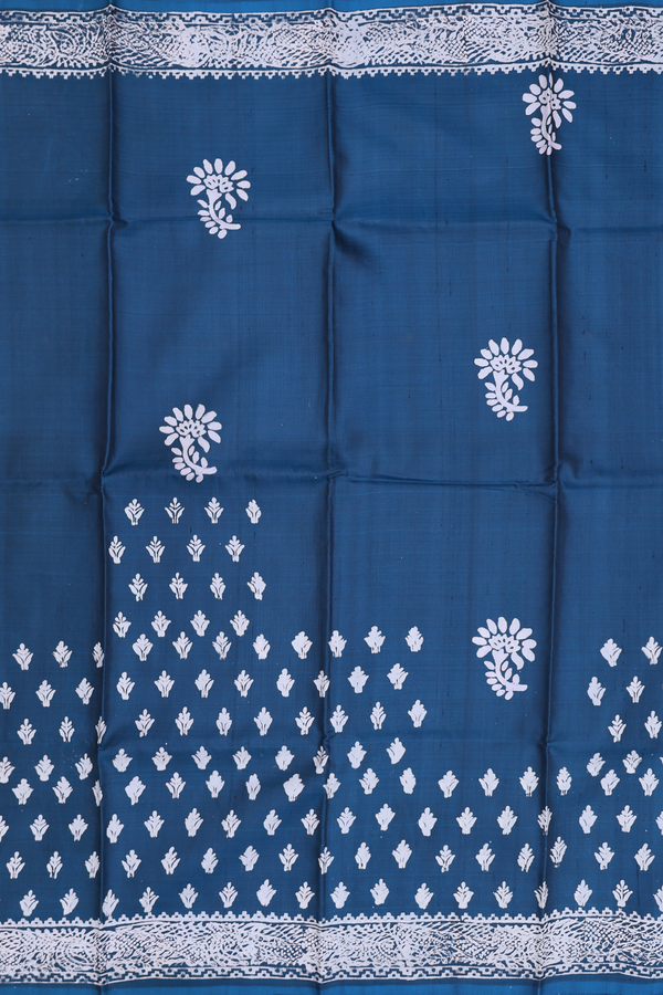 Printed Silk Saree In Prussian Blue With Floral Design