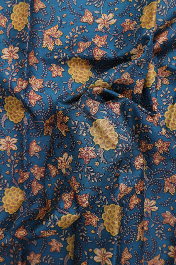 Printed Silk Saree In Prussian Blue With Floral Design