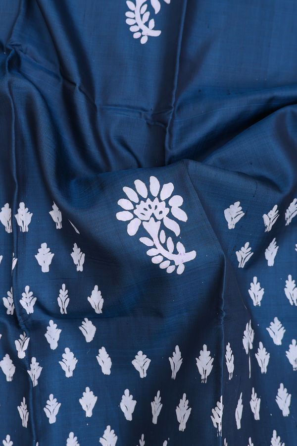 Printed Silk Saree In Prussian Blue With Floral Design