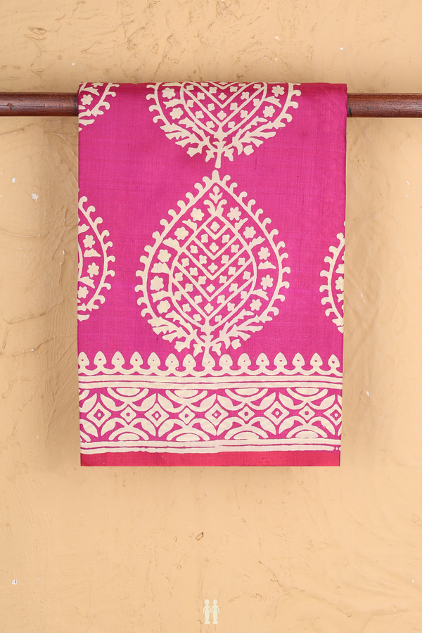 Printed Silk Saree In Rani Pink With Allover Design